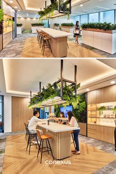 two pictures of people working in an office with plants on the walls and desks