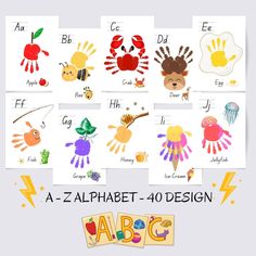 alphabet flash cards with pictures of handprints and letters for children to use in the classroom