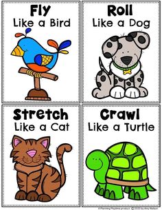 four pictures with different animals and words on them, including a cat, dog, turtle, and bird