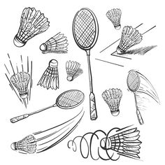 an image of badminton equipment set up in black and white ink on paper, ready to be used as wall hangings