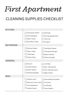 a cleaning checklist with the words, first apartment cleaning supplies checklist on it