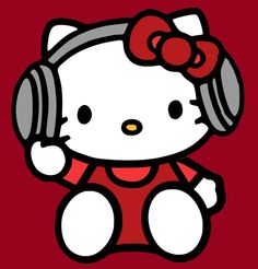 a hello kitty with headphones and a bow on it's head is sitting in front of a red background