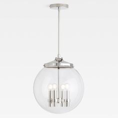 a glass globe chandelier with five lights hanging from it's center point