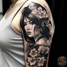 a woman with flowers on her shoulder