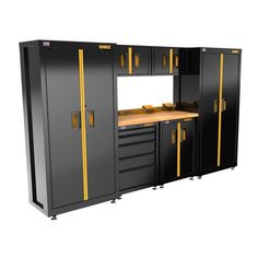 a black and yellow garage cabinet with two doors on the front, one door open