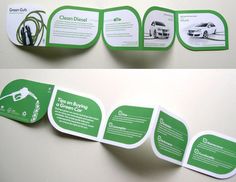 green and white brochures with images of cars on the front, back and side