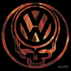 an image of a skull in the middle of a circle with flames around it and a vw logo on top