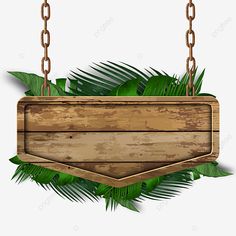 a wooden sign hanging from chains with palm leaves on the background png, transparent