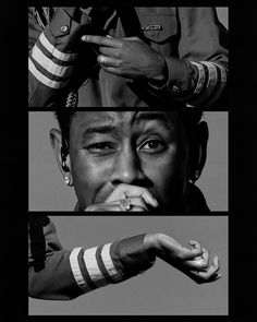 three different shots of a man in uniform with his hands on his mouth and fingers over his mouth