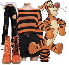 an orange and black striped sweater, ripped jeans, and boots with the tigger logo on them