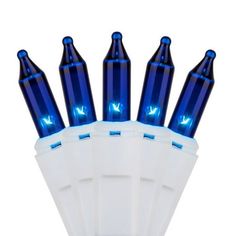 blue and white lights are arranged in a triangle shaped holder on a white background with clippings