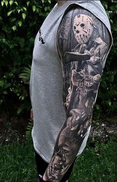 a man with a tattoo on his arm that has an image of a hockey goalie