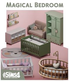 a baby's room with furniture and decor in pastel colors, including a crib