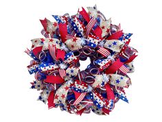 a red, white and blue wreath with stars