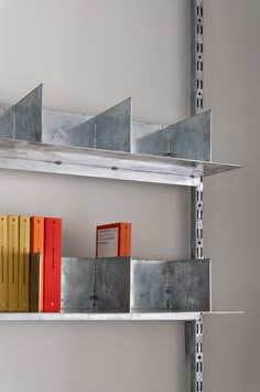 books are lined up on metal shelves in a room