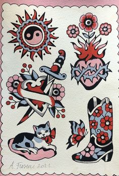 an image of tattoos on paper with cats and flowers in the background, as well as other tattoo designs