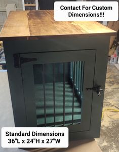 a wooden cabinet with metal bars on the top and bottom, next to a cardboard box that says contact for custom dimensionss