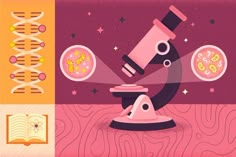 an illustration of a microscope and some food on a table with a book in the background