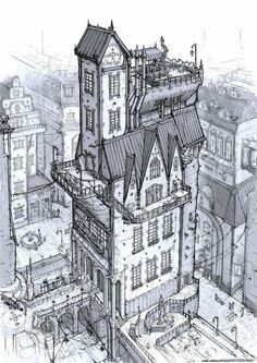 a drawing of an old building in the middle of a city with lots of windows