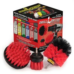 the drill and brush kit includes two brushes, one with red bristles and another with black bristles