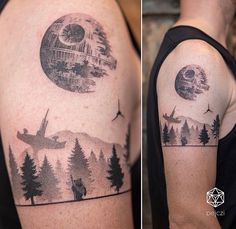 two different pictures of the same tattoo on someone's left arm and shoulder, one with