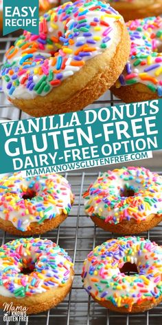 Gluten-free vanilla donuts with topped with vanilla icing and sprinkles. Dairy Free Donuts, Gluten Free Donut Recipe, Gluten Free Doughnuts, Gluten Free Vanilla Cake, Paleo Snack, High Protein Desserts, Gluten Free Donuts, Gf Baking