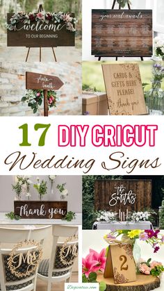 wedding signs with flowers and greenery on them are the perfect way to say i do