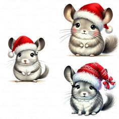 three different pictures of mice wearing christmas hats