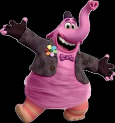 a cartoon character is dressed in pink and has his arms spread out to the side