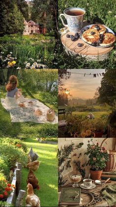 a collage of pictures with flowers, teacups and other things in them