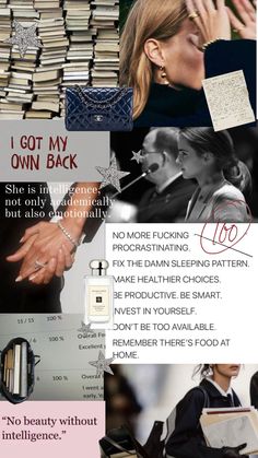 a collage of different images with words and pictures on them, including an image of a woman's hand