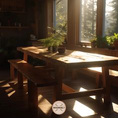 the sun shines through two windows onto a wooden table and bench with potted plants on it