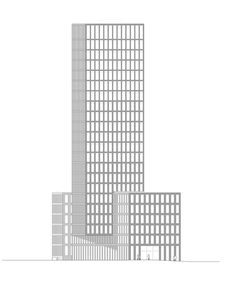 a drawing of a tall building with lots of windows on each floor and two floors below