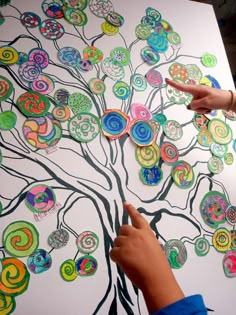 two hands pointing at an art project on a white board with colorful circles and swirls