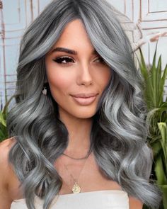 Silver Hair Color Ideas For Brunettes, Silver Wavy Hair, Dark Silver Hair Color, Smokey Grey Hair, Grey Hair Colour, Grey Hair Model, Charcoal Hair