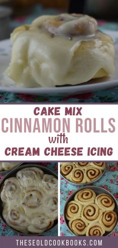 cake mix cinnamon rolls with cream cheese icing on a plate and in pans