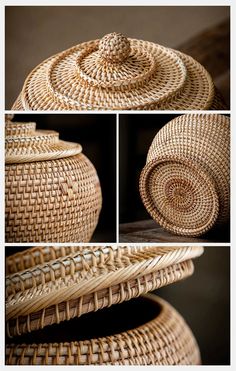 four different pictures of woven baskets stacked on top of each other, with the lids open