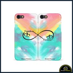 two phone cases with the words together forever and heart shaped hearts on them, both painted in