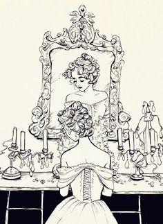 a black and white drawing of a woman sitting in front of a mirror with candles