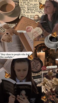 a collage of photos with coffee, teddy bear and books