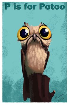 an owl with big yellow eyes sitting on top of a tree stump in front of a blue background