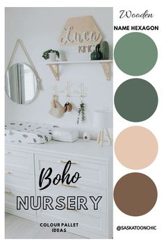 the color scheme for this nursery room is neutral and green