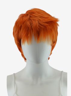 The Epic Cosplay Hermes has naturally feathered layers all throughout giving it a textured look and making it perfect for voluminous and spiked styles. This style extends down at the nape of the neck to hide any existing hairline. Short bangs in the front are easy to style upwards or flat against the forehead with the help of a flat iron or blow dryer allowing this wig to be versatile and used for a variety of different looks. The adjustable breathable 23" cap makes it capable of fitting both ma Orange Pixie Hair, Brown Pixie Hair, Orange Wigs, Lemonade Mouth, Orange Wig, Feathered Layers, Boyish Style, Hermes Style, Autumn Orange