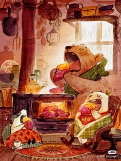 a painting of two bears eating food in front of an oven