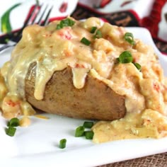 a close up of a plate of food with potatoes covered in gravy and green onions