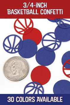 an image of a basketball confetti with red, white and blue circles