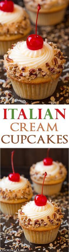 italian cream cupcakes with white frosting and cherries on top, topped with a cherry