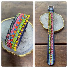 two pictures of different colored bracelets on top of a wooden table next to each other