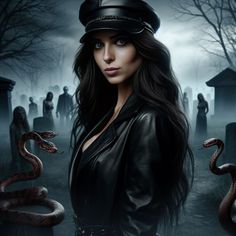 a woman in a hat and leather jacket standing next to a snake