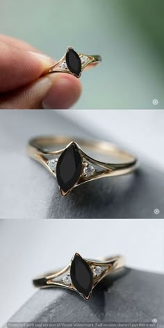 two different views of an engagement ring with diamonds on the side and black stone in the middle